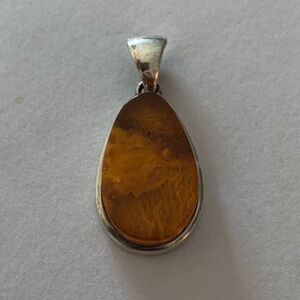 Vintage 925 Sterling Silver Large Pear Shape Amber Statement Necklace Pendant